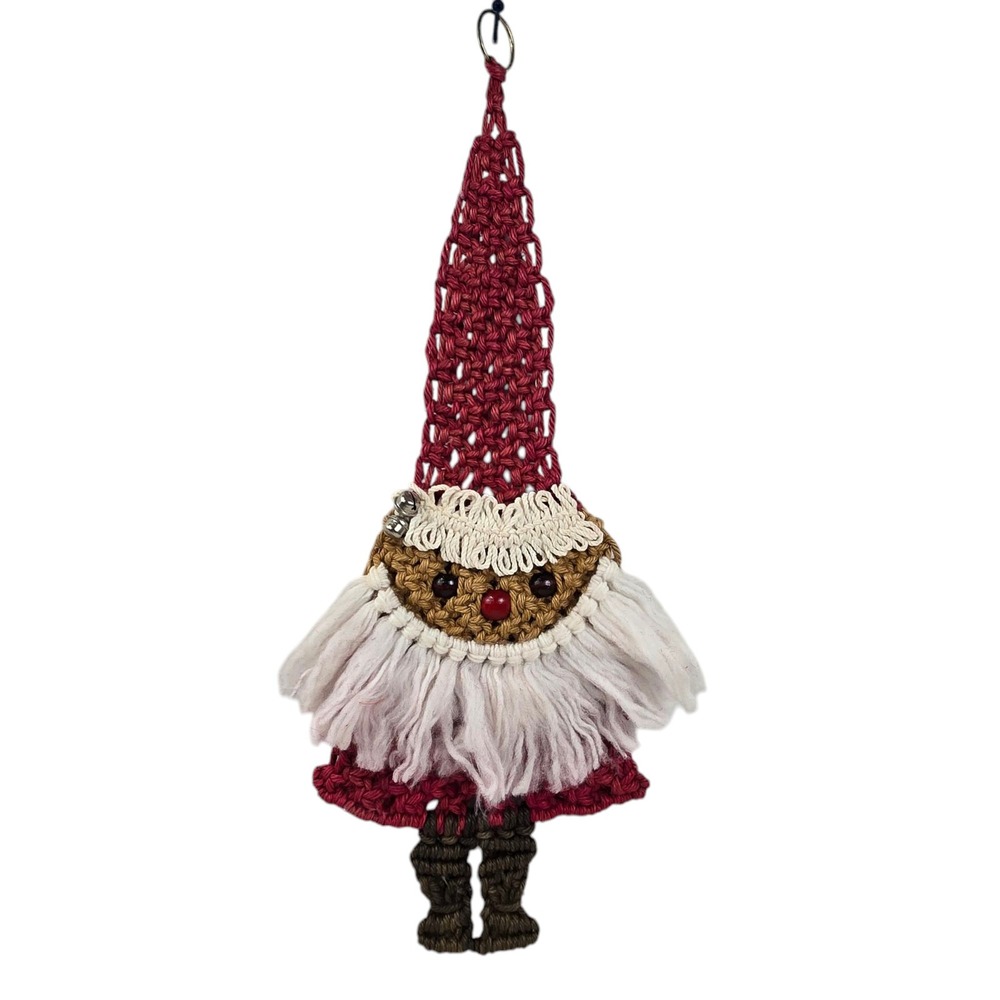Vtg Handmade Santa Face Crochet Macrame 25" Rustic Hanging Christmas Decor EUC
